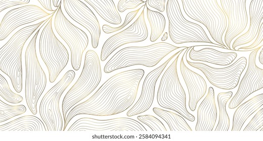 Vector golden leaves art deco pattern, flower line luxury motif, fancy nouveau nature background. Wavy japanese elegant wallpaper, foliage illustration
