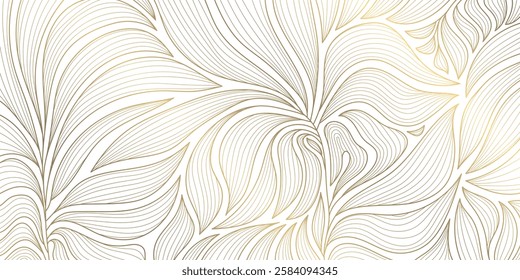 Vector golden leaves art deco pattern, flower line luxury motif, fancy nouveau nature background. Wavy japanese elegant wallpaper, foliage illustration