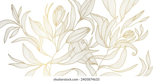 Vector golden leaves background, luxury abstract wavy floral art. Nature design texture, line illustration, foliage wallpper. 