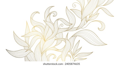 Fondo de hojas doradas vectoriales, arte floral ondulado abstracto de lujo. Textura de diseño natural, ilustración de línea, carpintería de follaje. 