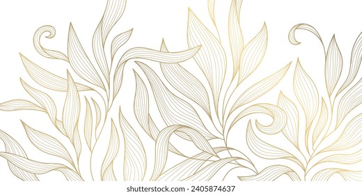 Vector golden leaves background, luxury abstract wavy floral art. Nature design texture, line illustration, foliage wallpper. 