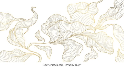 Vector golden leaves background, luxury abstract wavy floral art. Nature design texture, line illustration, foliage wallpper. 