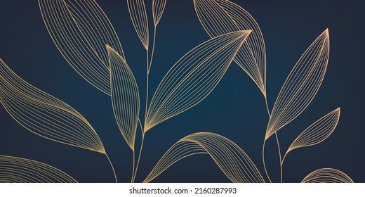 Vector golden leaves botanical modern, art deco wallpaper background. Line design for interior design, textile patterns, textures, posters, package, wrappers, gifts etc. Luxury. Japanese style