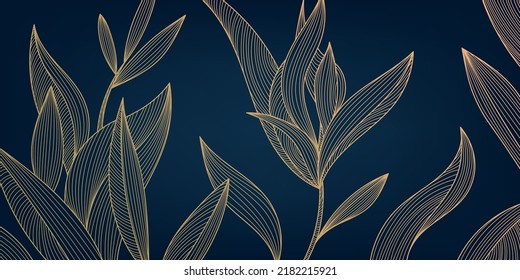 Vector golden leaves botanical modern, art deco wallpaper background. Line design for interior design, textile patterns, textures, posters, package, wrappers, gifts etc. Luxury. Japanese style