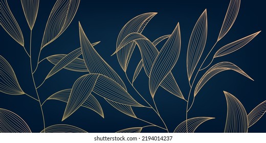 Vector golden leaves botanical modern, art deco wallpaper background. Line design for interior design, textile patterns, textures, posters, package, wrappers, gifts etc. Luxury. Japanese style