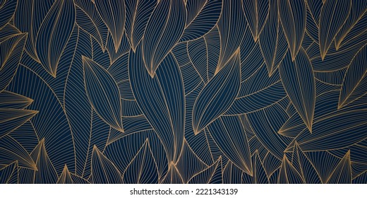 Vector golden leaves botanical modern, art deco wallpaper background, seamless pattern. Line design for interior design, textile, texture, poster, package, wrappers, gifts. Luxury. Japanese style