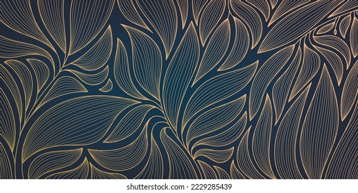 Vector golden leaves botanical modern, art deco wallpaper background pattern. Line design for interior design, textile, texture, poster, package, wrappers, gifts. Luxury. Japanese style