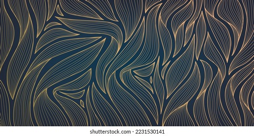 Vector golden leaves botanical modern, art deco wallpaper background pattern. Line design for interior design, textile, texture, poster, package, wrappers, gifts. Luxury. Japanese style.