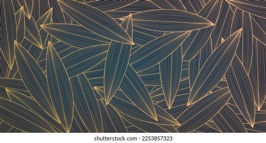 Vector golden leaves botanical modern, art deco wallpaper background, pattern. Line design for interior design, textile, texture, poster, package, wrappers, gifts. Luxury. Japanese style