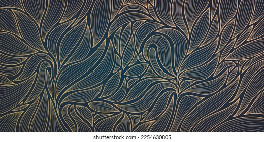 Vector dorado hojas botánico moderno, art deco fondo patrón de fondo. Diseño de línea para el diseño interior, textil, textura, afiche, paquete, envolturas, regalos. Lujo. Estilo japonés