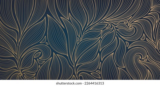 Vector golden leaves botanical modern, art deco wallpaper background pattern. Line design for interior design, textile, texture, poster, package, wrappers, gifts. Luxury. Japanese style