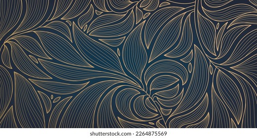 Vector golden leaves botanical modern, art deco wallpaper background pattern. Line design for interior design, textile, texture, poster, package, wrappers, gifts. Luxury. Japanese style