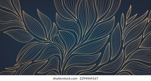 Vector golden leaves botanical modern, art deco wallpaper background pattern. Line design for interior design, textile, texture, poster, package, wrappers, gifts. Luxury. Japanese style