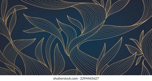 Vector golden leaves botanical modern, art deco wallpaper background pattern. Line design for interior design, textile, texture, poster, package, wrappers, gifts. Luxury. Japanese style