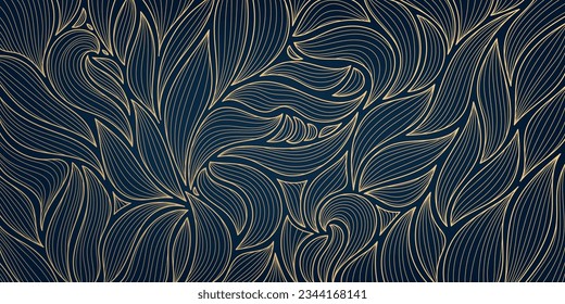 Vector golden leaves botanical modern, art deco wallpaper background pattern, floral texture. Line design for interior design, textile, texture, poster, package, wrappers, gifts. Luxury