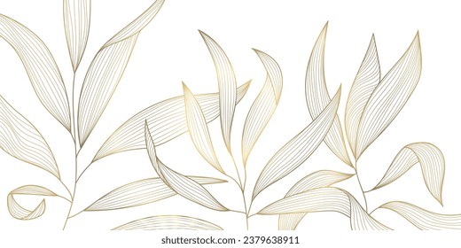 Vector golden leaves botanical modern, art deco wallpaper background. Line design for interior design, textile patterns, textures, posters, package, wrappers, gifts etc. Luxury