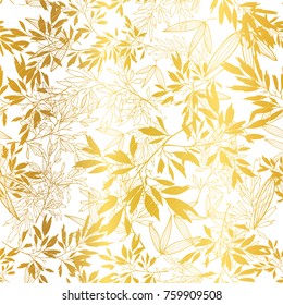 Vector Golden Leaves and Branches Repeat Seamless Pattern Background. Can Be Used For Fabric, Wallpaper, Stationery, Packaging.