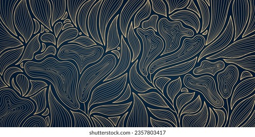Vector golden leaves illustration, floral, art deco wallpaper background pattern. Line luxury design for interior, textile, texture, poster, package, wrappers, gifts. Japanese style