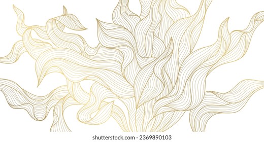 Vector golden leaves, seaweed, algae botanical modern, art deco wavy wallpaper background pattern. Line design for interior design, textile, texture, poster, package, wrappers, gifts. Luxury. 