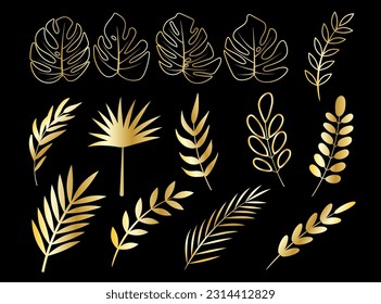 Vektor goldene Blätter Set. Sammlung von Ast und Blatt einzeln auf schwarzem Hintergrund. Botanisches goldenes Gartenelement.