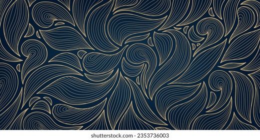 Vector golden leaves, swirls art deco wallpaper background, hand drawn pattern. Line design for interior design, textile, texture, poster, package, wrappers, gifts. Luxury. Japanese style