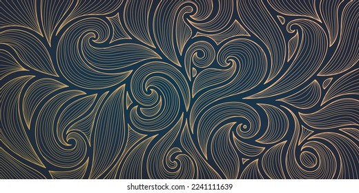 Vector golden leaves and swirls, wavy modern, art deco wallpaper background pattern. Line design for interior design, textile, texture, poster, package, wrappers, gifts. Luxury. Japanese style