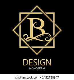 Vector golden letter B monogram on black background. 