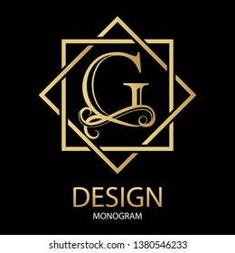 Vector golden letter G monogram on black background.