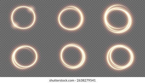 Vector golden light circle effect vector with glowing fire trace on transparent background. A glowing circular line with radiant shine perfect for overlays, magical designs and holiday decor.Banners 