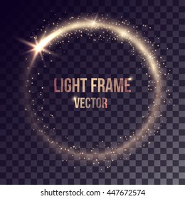 Vector golden light frame on transparent background. Shiny particles and flares on magic ring.