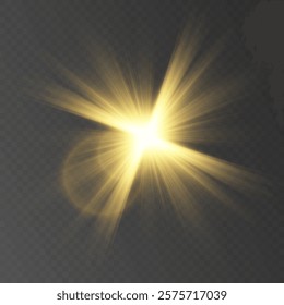 Vector golden light with glare. Blurred overlay effect for photo and mockups. Realistic yellow glowing light explodes on transparent background. Sunlight with gold rays.	