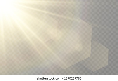 Vector golden light with glare. Sun, sun rays, dawn, glare from the sun png. Gold flare png, glare from flare png.	