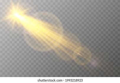 Luz dorada vectorial con brillo. Sol, rayos solares, amanecer, resplandor del sol. Png de la bengala de oro, resplandor de la bcn de la bengala.