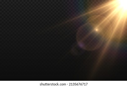 Vector golden light with glare. Sun, sun rays, dawn, glare from the sun png. Gold flare png, glare from flare png.