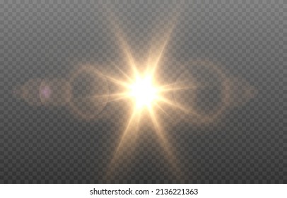 Vector golden light with glare. Sun, sun rays, dawn, glare from the sun png. Gold flare png, glare from flare png.