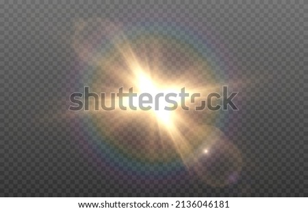 Vector golden light with glare. Sun, sun rays, dawn, glare from the sun png. Gold flare png, glare from flare png. [[stock_photo]] © 