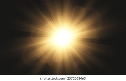 Vector golden light isolated on transparent background . Dawn and sunset light with highlights , flash light , light effect , vector illustration .