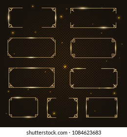 Vector golden light rectangle frame, shining rectangle banner set with lights effects, isolated on dark, black transparent background. Vector illustration, eps 10.