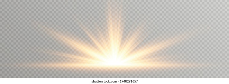 Vector golden light. Sun, sun rays, dawn, star, flare png. Golden Star. Golden flash png. Vector image.	