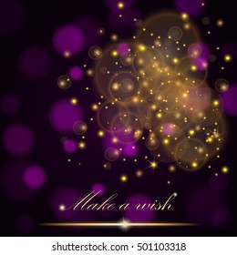 Vector golden lights concept abstract on dark purple ambient blurred background. Luxury design. Vector illustration