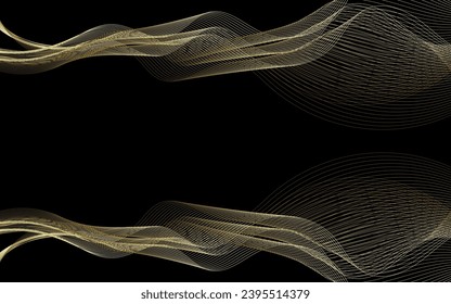 Vector golden line abstract background with wave on a black background for Christmas celebration party, New Year card, wedding, bachelorette party, baby shower party, birthday, casino.