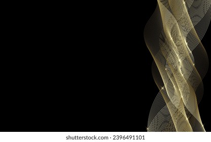 Vector golden line abstract background with gold wave on a black background for Christmas celebration party, New Year card, wedding, bachelorette party, baby shower party, birthday, casino.