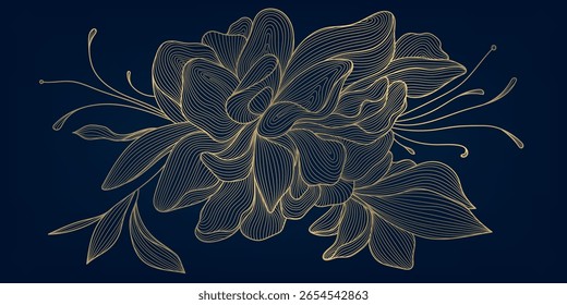 Padrão floral vetor linha dourada, arte de luxo de flores, ilustração de peônias vintage. Design de jardim com flor de primavera