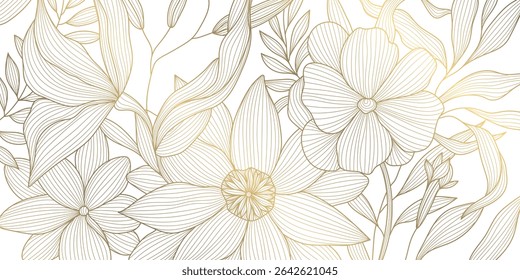 Vector golden line flowers, floral luxury art pattern. Abstract nature ornament garden leaf wallpaper, spring, wedding botanical graphic. Tropical Chinese, Japanese background