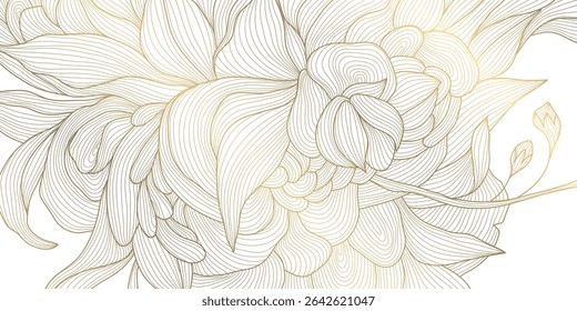 Vector golden line flowers, floral luxury art pattern. Abstract nature ornament garden leaf wallpaper, spring, wedding botanical graphic. Tropical Chinese, Japanese background