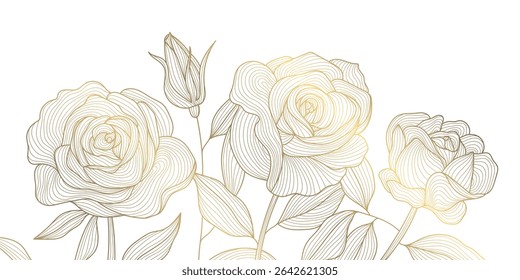 Vector golden line flowers, roses floral luxury art pattern. Abstract nature ornament garden leaf wallpaper, spring, wedding botanical graphic. Tropical Chinese, Japanese background