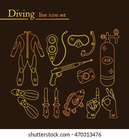 Vector golden line icons with diving equipment. Linear icons of scuba, oxygen balloon, diver knife, harpoon, spear gun, gauge, camera.