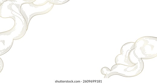 Vector golden line japanese, chinese clouds frame, sky wavy ornament. Luxury nature art element poster, pattern, oriental ornament
