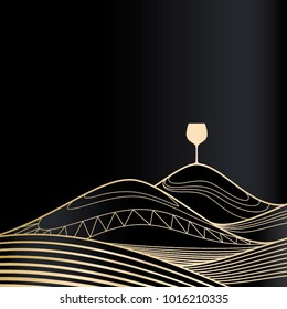 Vector golden line mountains illustration with wine glass on top