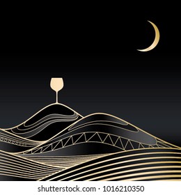 Vector golden line mountains and moon illustration with wine glass on top